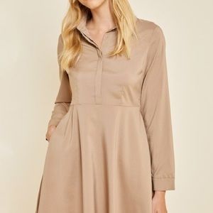 Long Sleeve Mini Shirt Dress—Taupe
